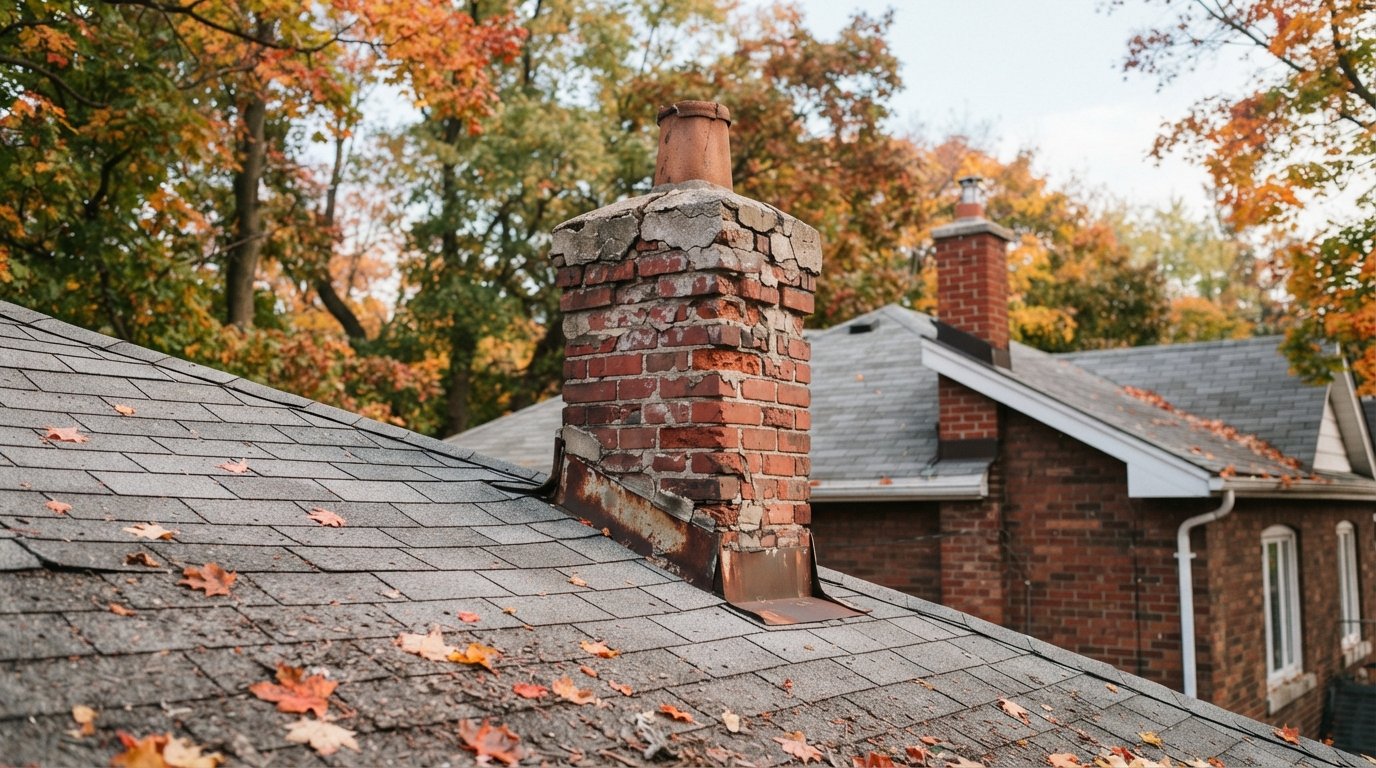 Weathered unused brick chimney on an asphalt shingle roof of a Toronto semi in autumn, a candidate for chimney removal