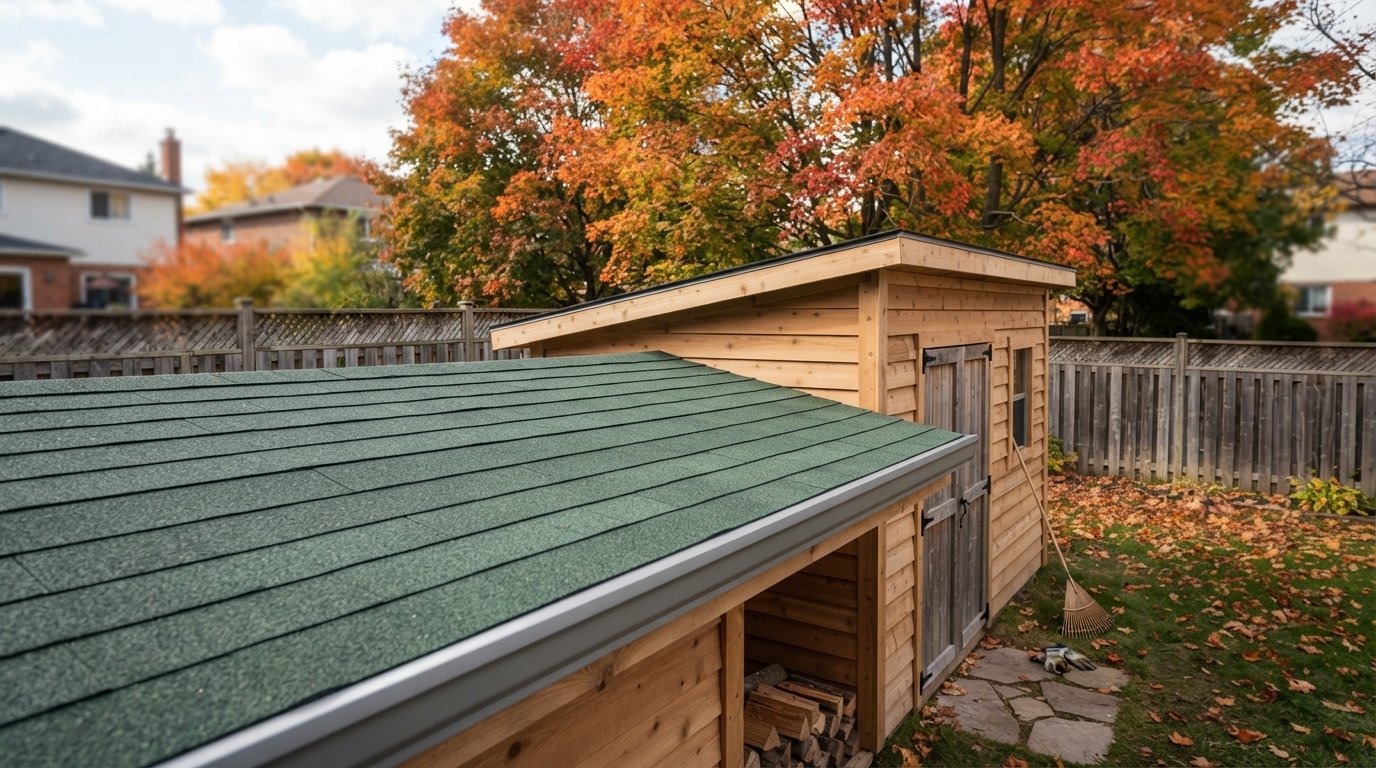 Detached backyard shed with green mineral-surfaced rolled roofing beside maple trees with autumn leaves on the ground