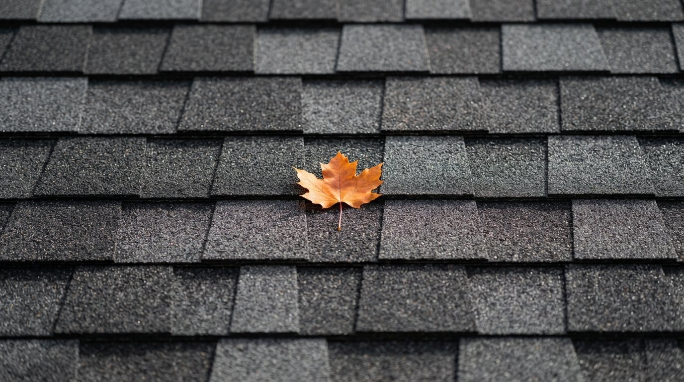 Close-up of freshly installed dark grey dimensional laminated shingles similar to IKO Nordic with an autumn maple leaf
