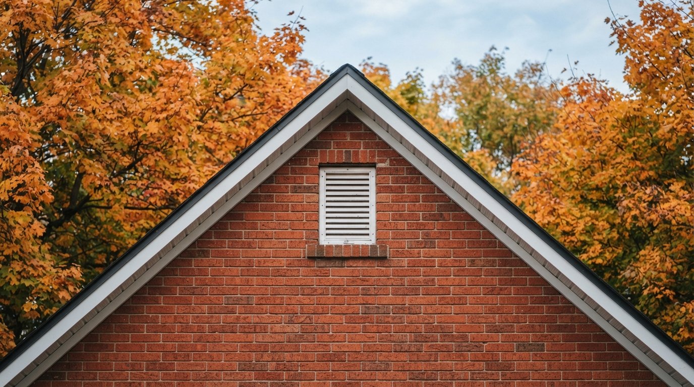Brick gable end of a Toronto-area house with a louvered gable vent under the roof peak among autumn trees