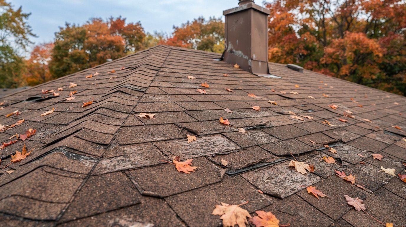 Section of an aged asphalt roof with cracked shingles and worn granules beside fallen autumn leaves
