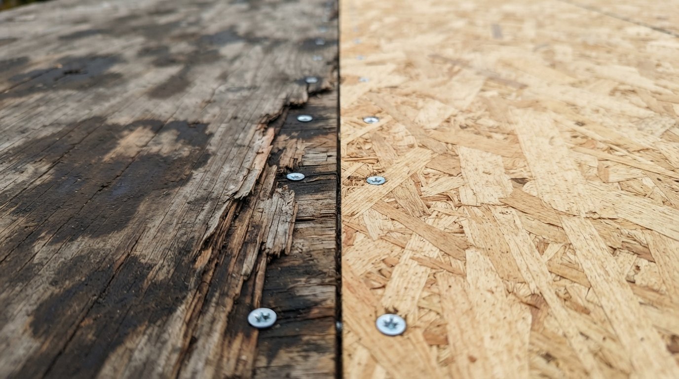 Close-up of stained original plywood roof sheathing butted against a new OSB panel during a tear-off